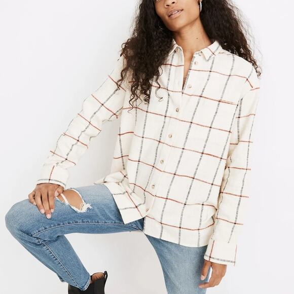Madewell Cream Windowpane Flannel Oversized Ex-Boyfriend Long Sleeve Shirt - Picture 1 of 14